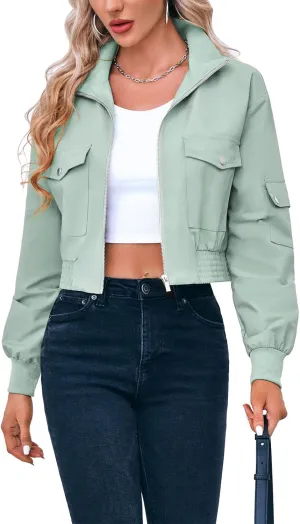 Fisoew Women's Cropped Bomber Jackets Lightweight Zip Up Stand Collar Long Sleeve Short Jacket with Pockets
