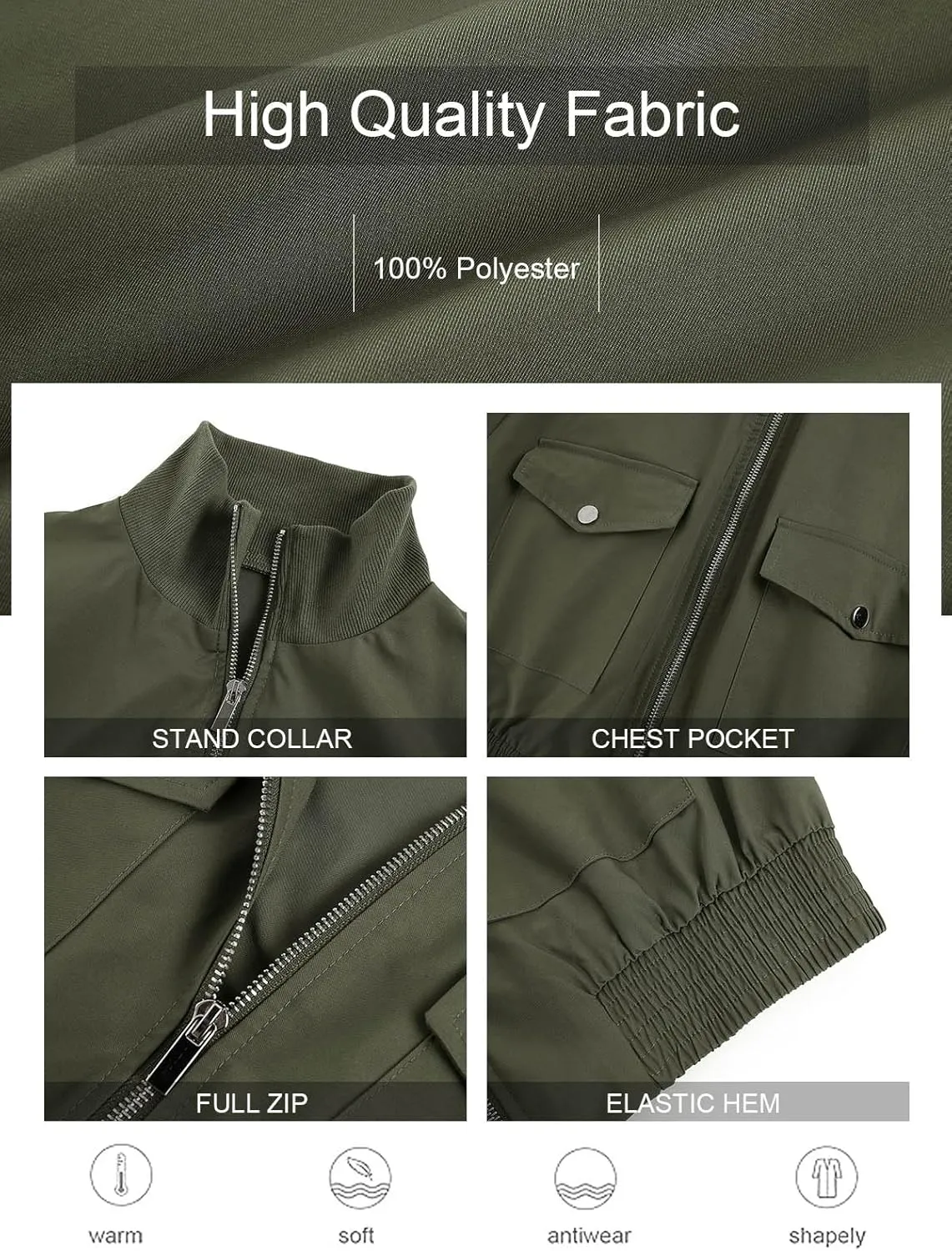 Fisoew Women's Cropped Bomber Jackets Lightweight Zip Up Stand Collar Long Sleeve Short Jacket with Pockets