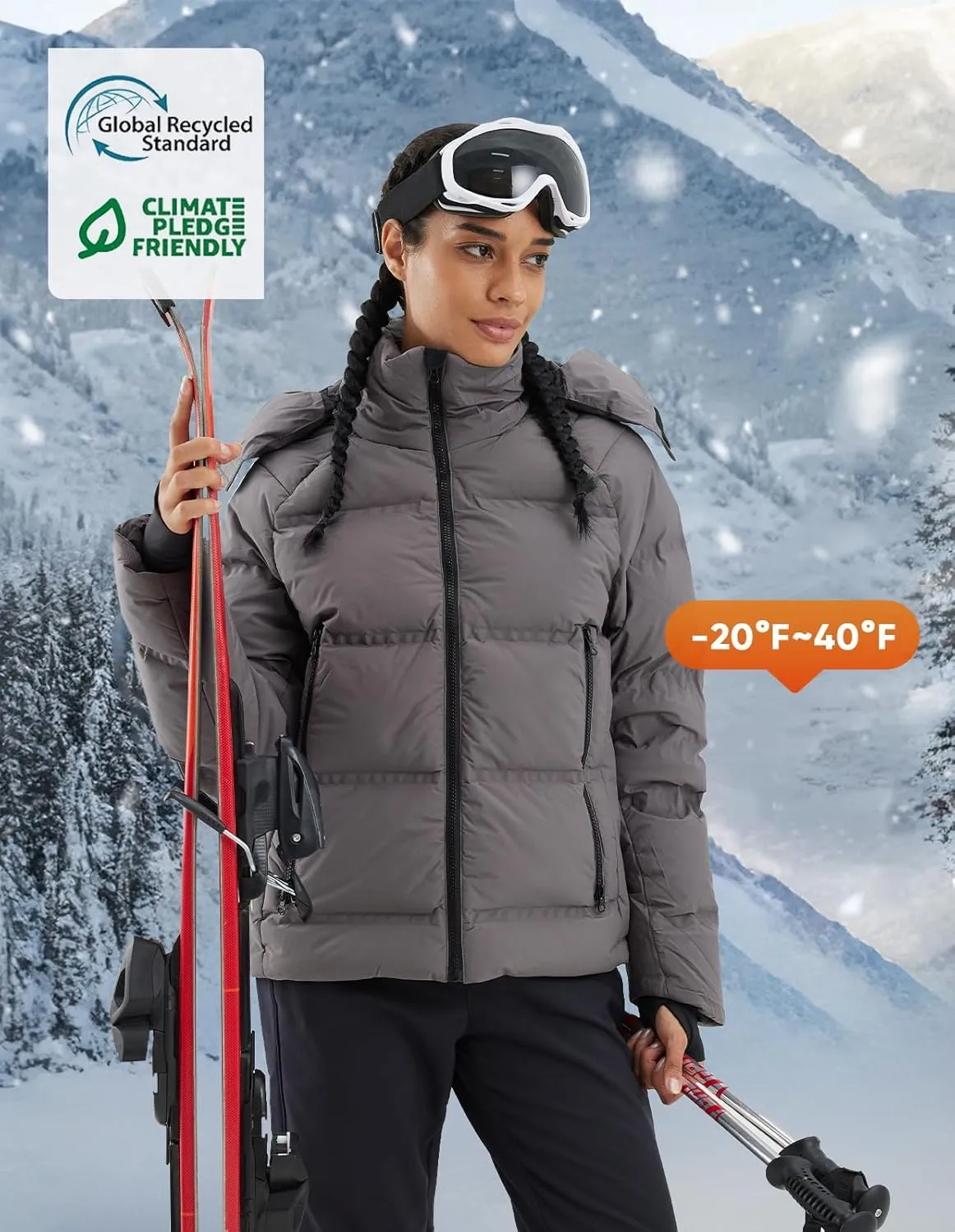 fit space Women's Super Warm Thickened Down Jacket - Detachable Hood, Waterproof & Windproof, Winter Snow Coat