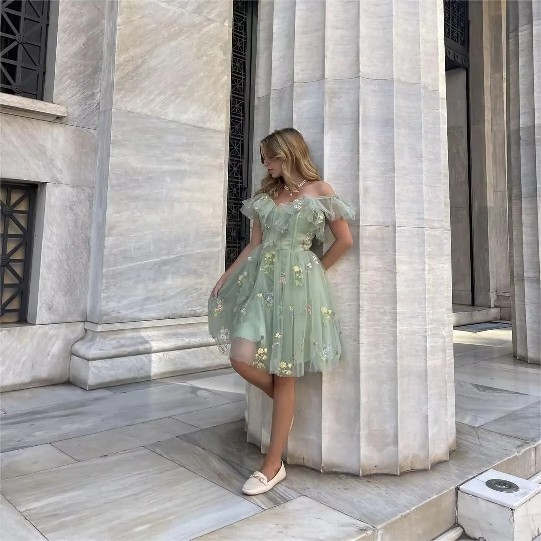 Fivsole Teens' Flower Embroidery Short Homecoming Dress Tulle Cold Shoulder Mini Formal Cocktail Evening Party Floral Gowns