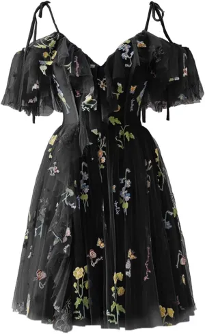 Fivsole Teens' Flower Embroidery Short Homecoming Dress Tulle Cold Shoulder Mini Formal Cocktail Evening Party Floral Gowns