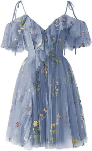 Fivsole Teens' Flower Embroidery Short Homecoming Dress Tulle Cold Shoulder Mini Formal Cocktail Evening Party Floral Gowns