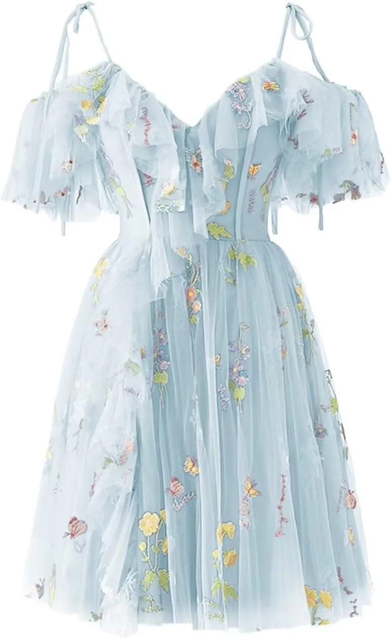 Fivsole Teens' Flower Embroidery Short Homecoming Dress Tulle Cold Shoulder Mini Formal Cocktail Evening Party Floral Gowns