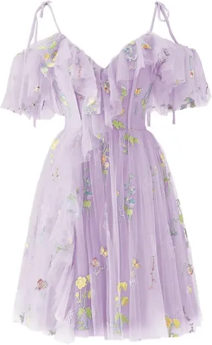 Fivsole Teens' Flower Embroidery Short Homecoming Dress Tulle Cold Shoulder Mini Formal Cocktail Evening Party Floral Gowns