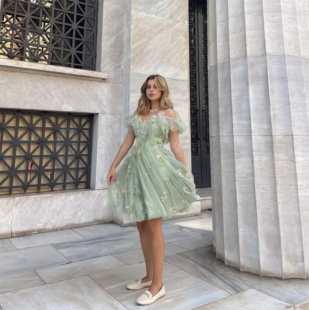 Fivsole Teens' Flower Embroidery Short Homecoming Dress Tulle Cold Shoulder Mini Formal Cocktail Evening Party Floral Gowns