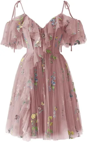 Fivsole Teens' Flower Embroidery Short Homecoming Dress Tulle Cold Shoulder Mini Formal Cocktail Evening Party Floral Gowns