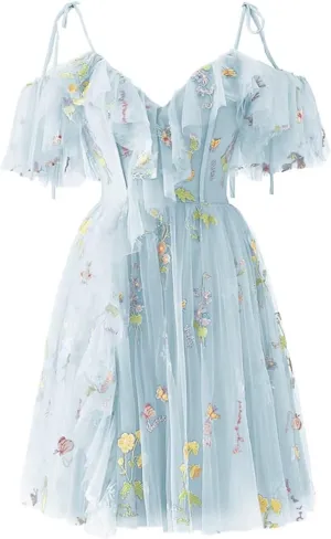 Fivsole Teens' Flower Embroidery Short Homecoming Dress Tulle Cold Shoulder Mini Formal Cocktail Evening Party Floral Gowns