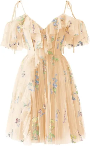 Fivsole Teens' Flower Embroidery Short Homecoming Dress Tulle Cold Shoulder Mini Formal Cocktail Evening Party Floral Gowns