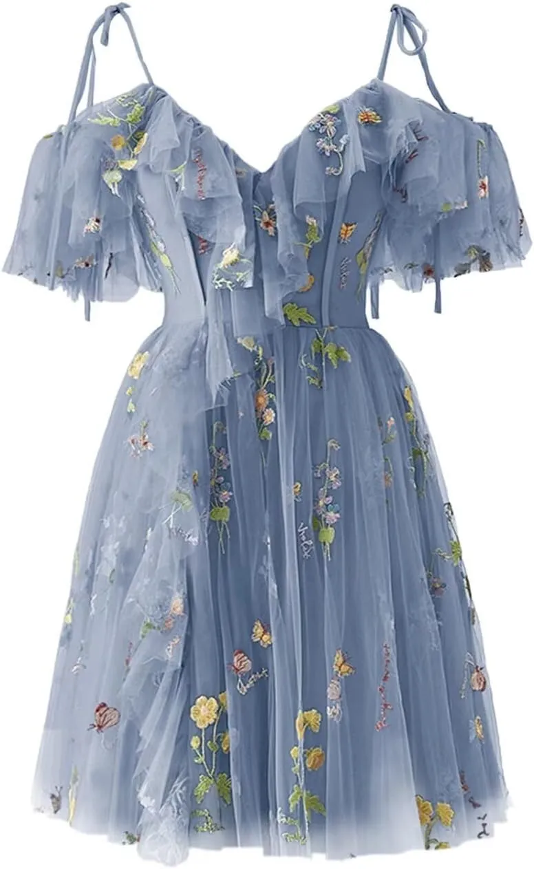Fivsole Teens' Flower Embroidery Short Homecoming Dress Tulle Cold Shoulder Mini Formal Cocktail Evening Party Floral Gowns