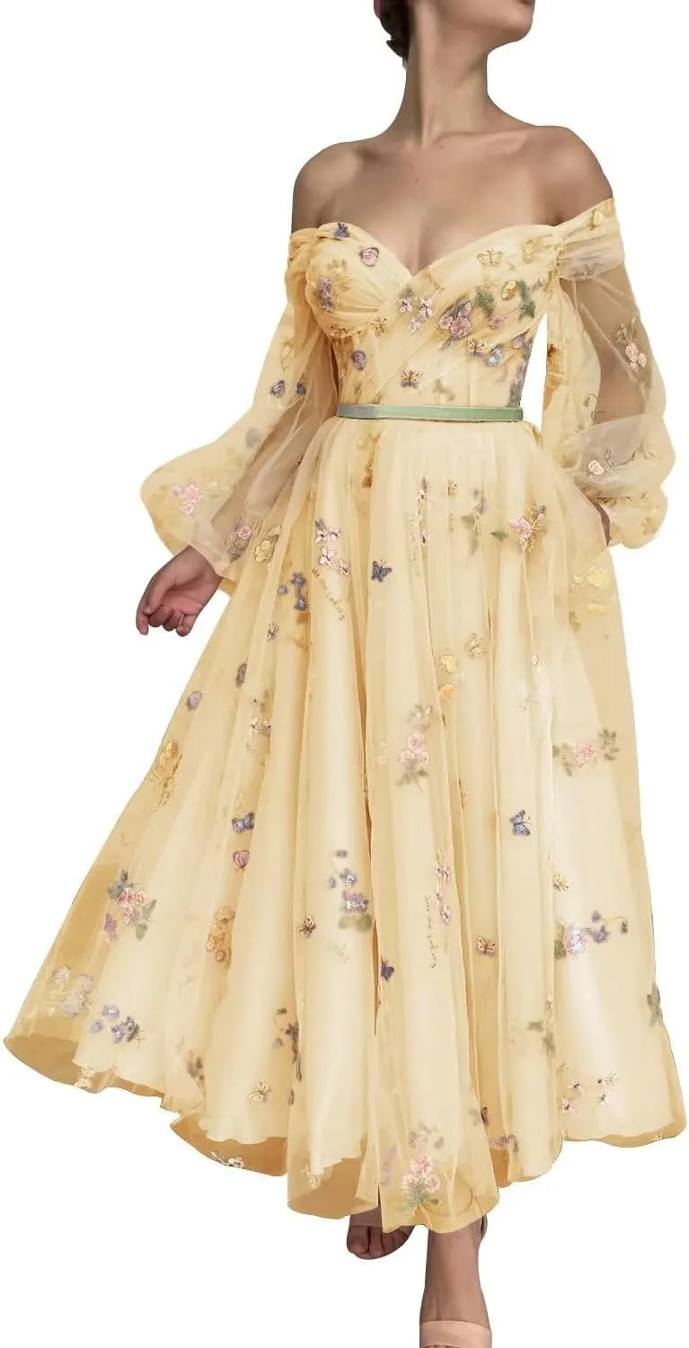 Fivsole Women's Off Shoulder Puffy Sleeve Prom Dress Flower Embroidery Tulle Short Formal Evening Party Gowns