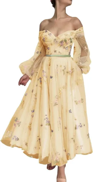 Fivsole Women's Off Shoulder Puffy Sleeve Prom Dress Flower Embroidery Tulle Short Formal Evening Party Gowns