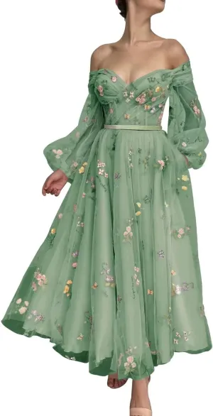 Fivsole Women's Off Shoulder Puffy Sleeve Prom Dress Flower Embroidery Tulle Short Formal Evening Party Gowns
