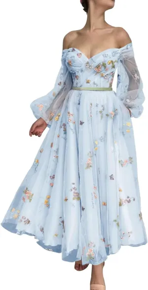 Fivsole Women's Off Shoulder Puffy Sleeve Prom Dress Flower Embroidery Tulle Short Formal Evening Party Gowns