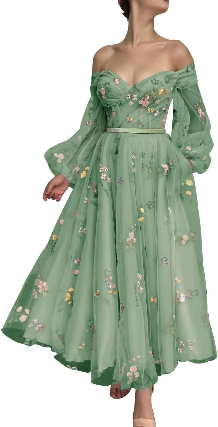 Fivsole Women's Off Shoulder Puffy Sleeve Prom Dress Flower Embroidery Tulle Short Formal Evening Party Gowns