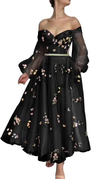 Fivsole Women's Off Shoulder Puffy Sleeve Prom Dress Flower Embroidery Tulle Short Formal Evening Party Gowns