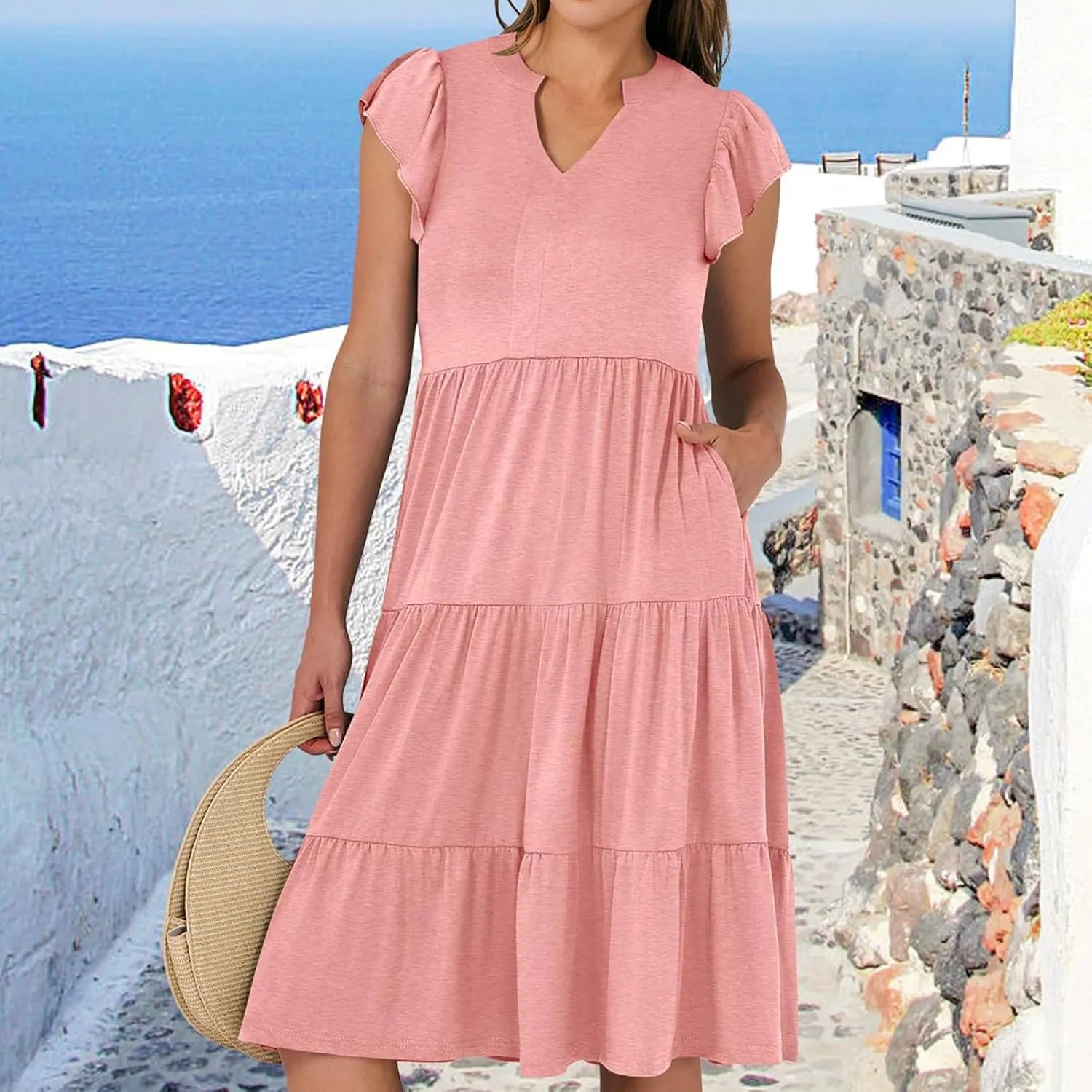 Flowy Swing Tiered Dress Women Summer V Neck Flutter Sleeve Dress with Pocket Vacation Casual Boho Beach Midi Dresses