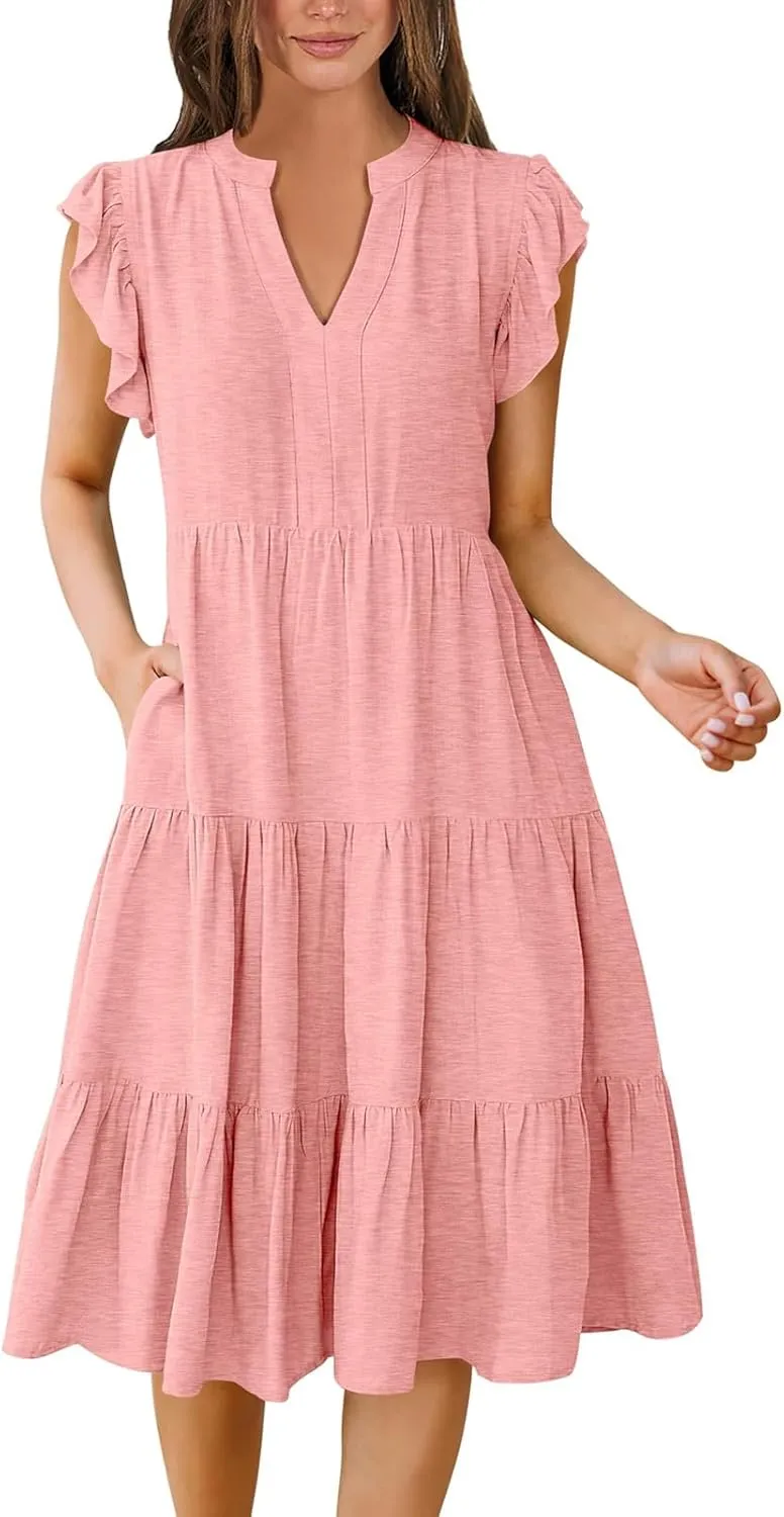 Flowy Swing Tiered Dress Women Summer V Neck Flutter Sleeve Dress with Pocket Vacation Casual Boho Beach Midi Dresses