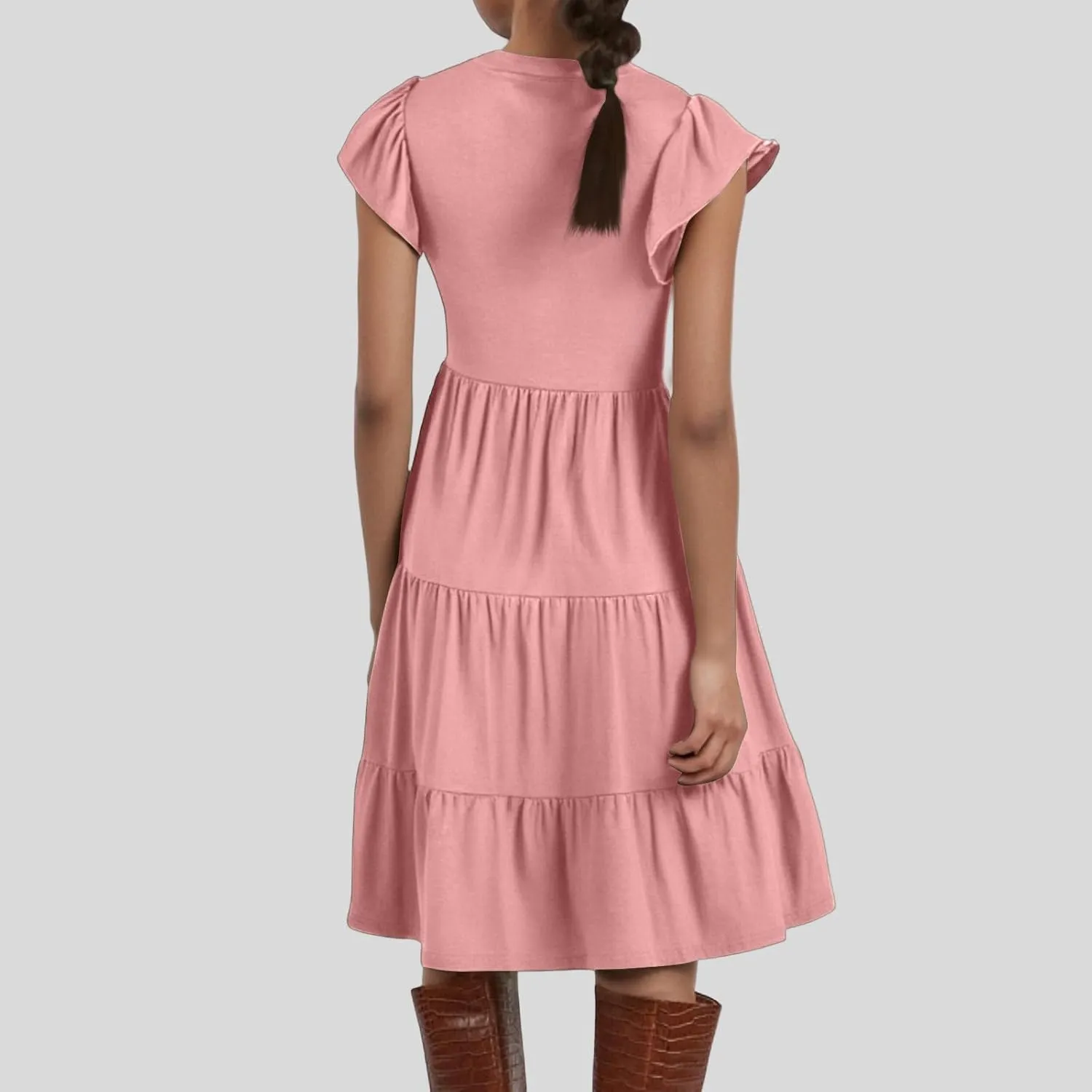 Flowy Swing Tiered Dress Women Summer V Neck Flutter Sleeve Dress with Pocket Vacation Casual Boho Beach Midi Dresses