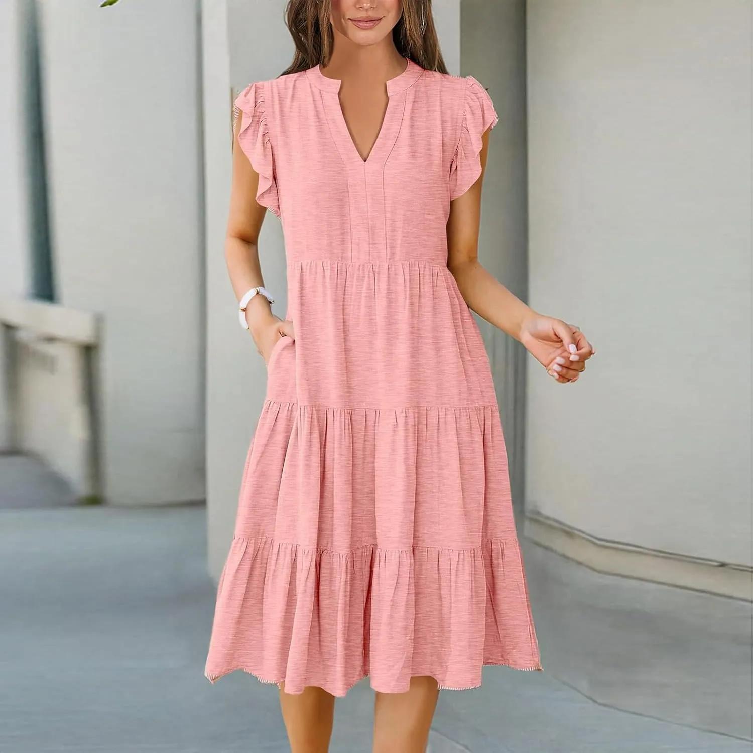 Flowy Swing Tiered Dress Women Summer V Neck Flutter Sleeve Dress with Pocket Vacation Casual Boho Beach Midi Dresses