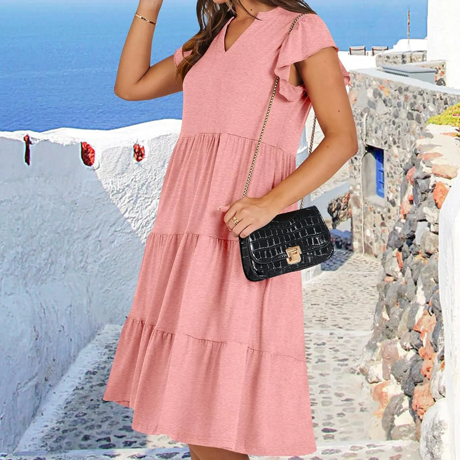 Flowy Swing Tiered Dress Women Summer V Neck Flutter Sleeve Dress with Pocket Vacation Casual Boho Beach Midi Dresses