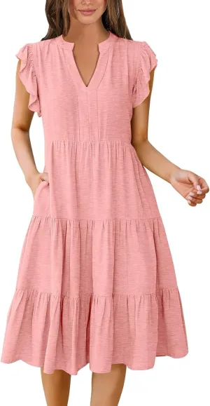 Flowy Swing Tiered Dress Women Summer V Neck Flutter Sleeve Dress with Pocket Vacation Casual Boho Beach Midi Dresses