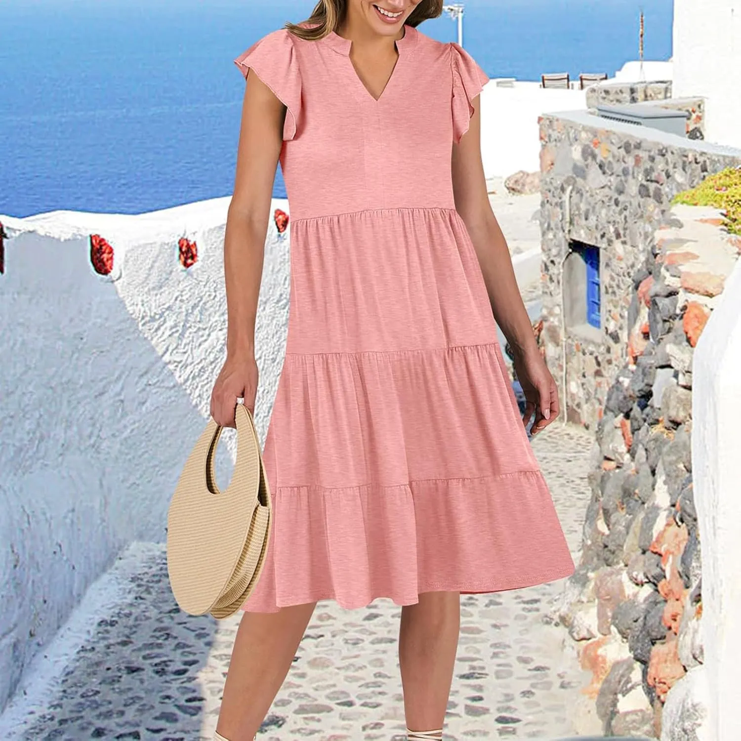 Flowy Swing Tiered Dress Women Summer V Neck Flutter Sleeve Dress with Pocket Vacation Casual Boho Beach Midi Dresses