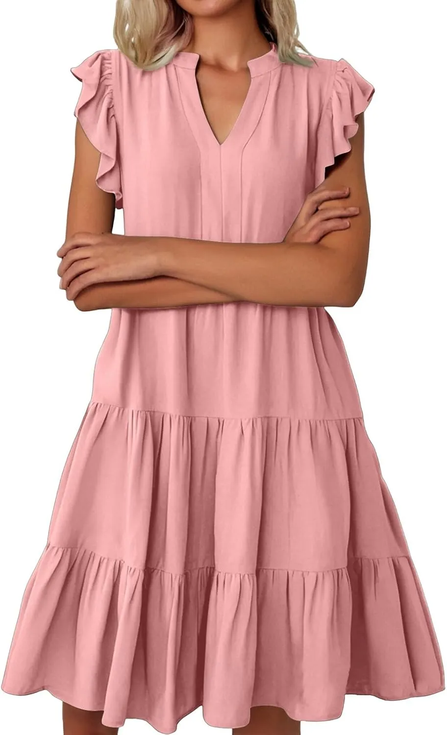 Flowy Swing Tiered Dress Women Summer V Neck Flutter Sleeve Dress with Pocket Vacation Casual Boho Beach Midi Dresses