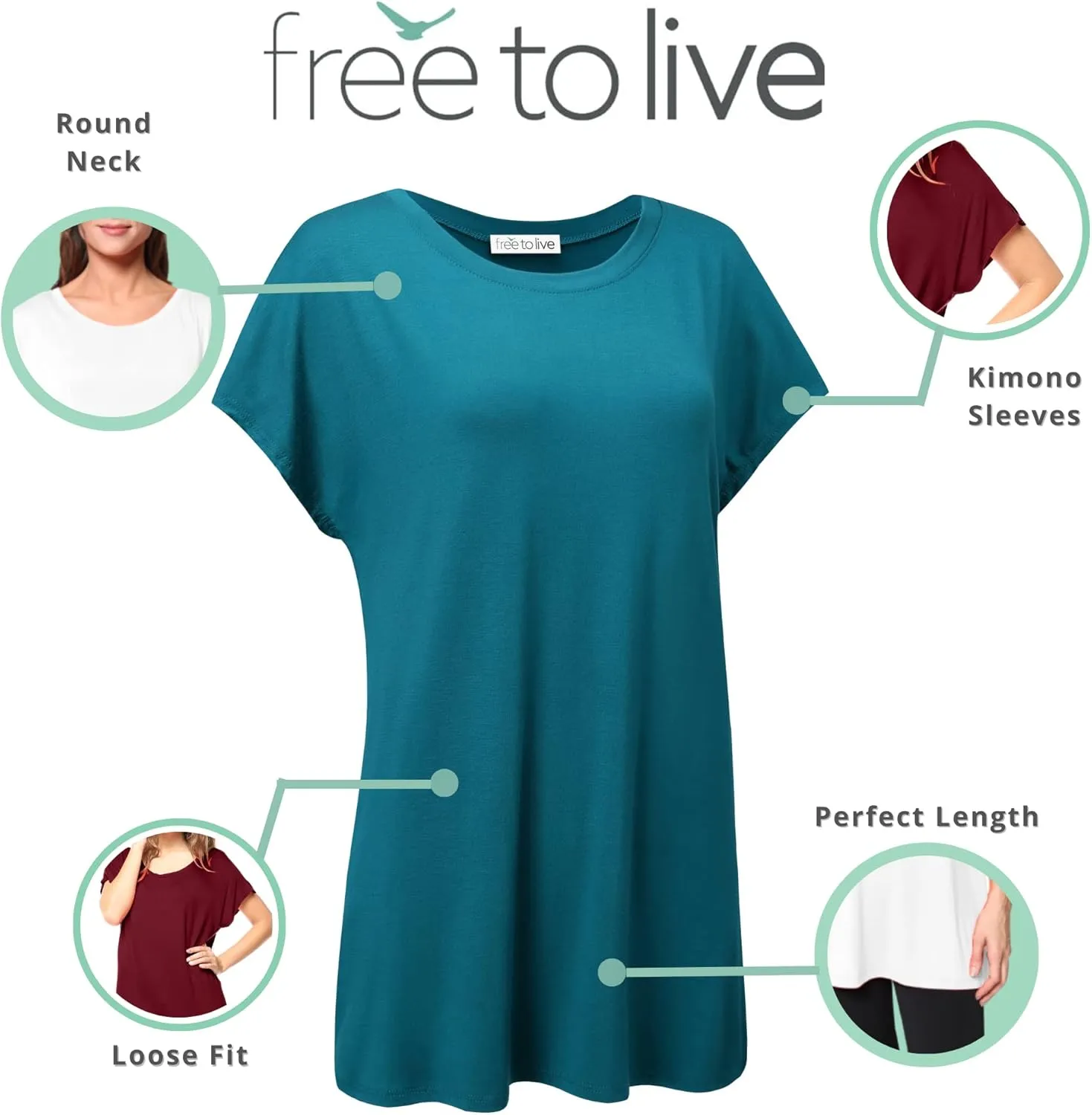 Free to Live 3 Pack Extra Long Tshirts for Women Tunic Tops to Wear with Leggings Short Sleeve Tee Workout T Shirts Loose Fit