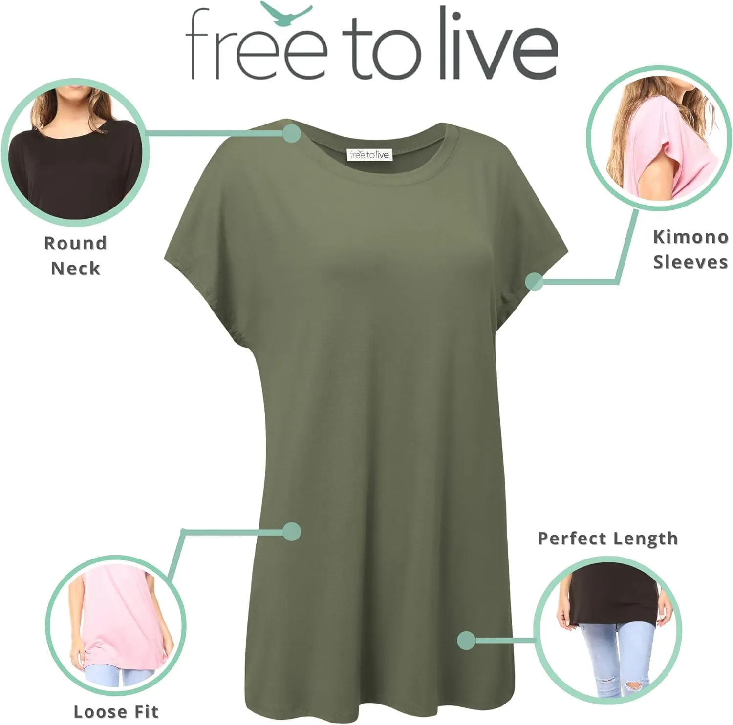 Free to Live 3 Pack Extra Long Tshirts for Women Tunic Tops to Wear with Leggings Short Sleeve Tee Workout T Shirts Loose Fit