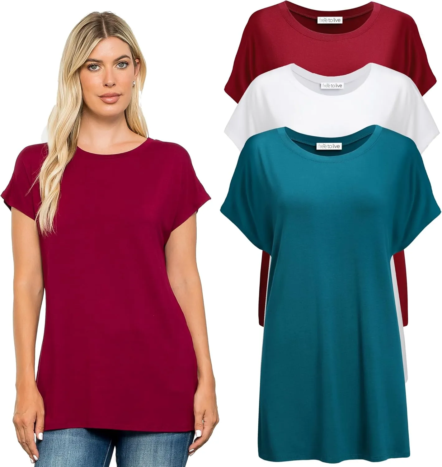Free to Live 3 Pack Extra Long Tshirts for Women Tunic Tops to Wear with Leggings Short Sleeve Tee Workout T Shirts Loose Fit