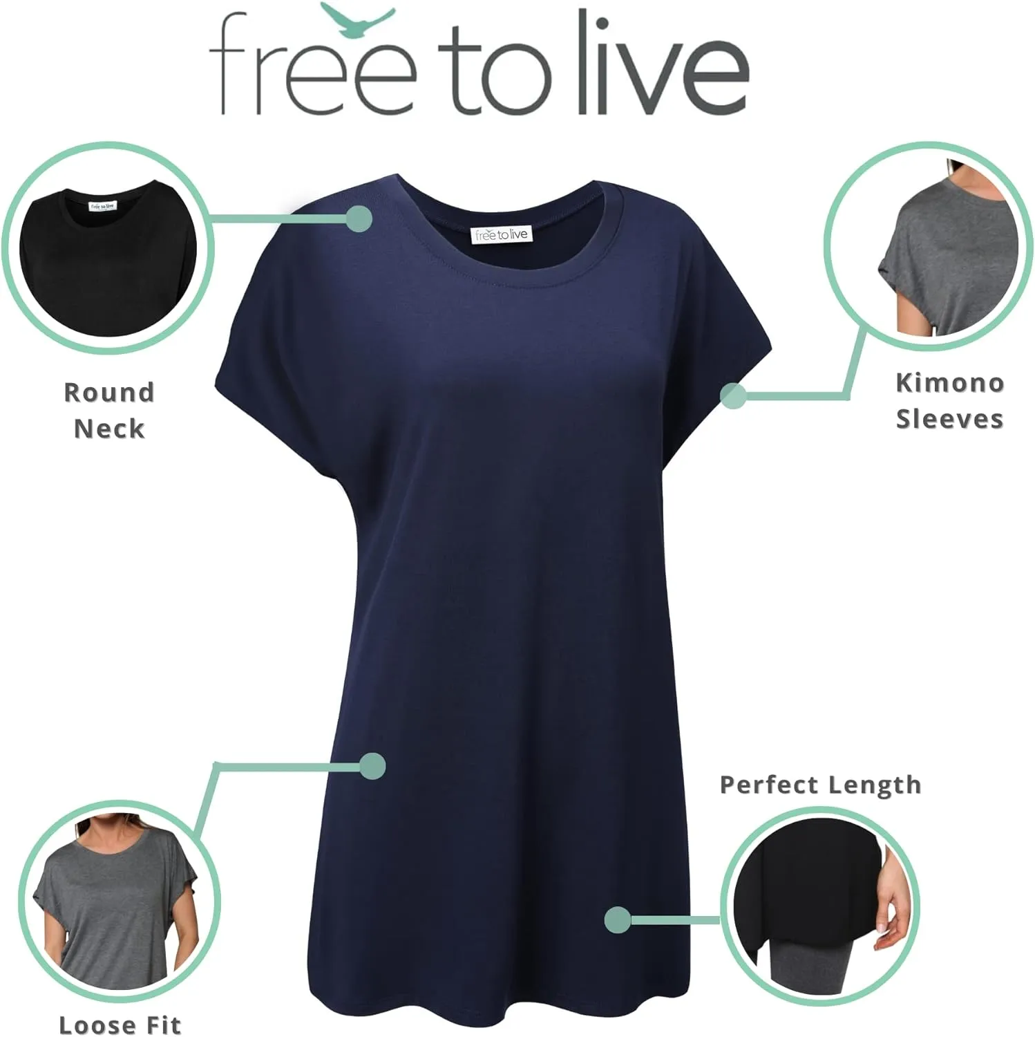 Free to Live 3 Pack Extra Long Tshirts for Women Tunic Tops to Wear with Leggings Short Sleeve Tee Workout T Shirts Loose Fit