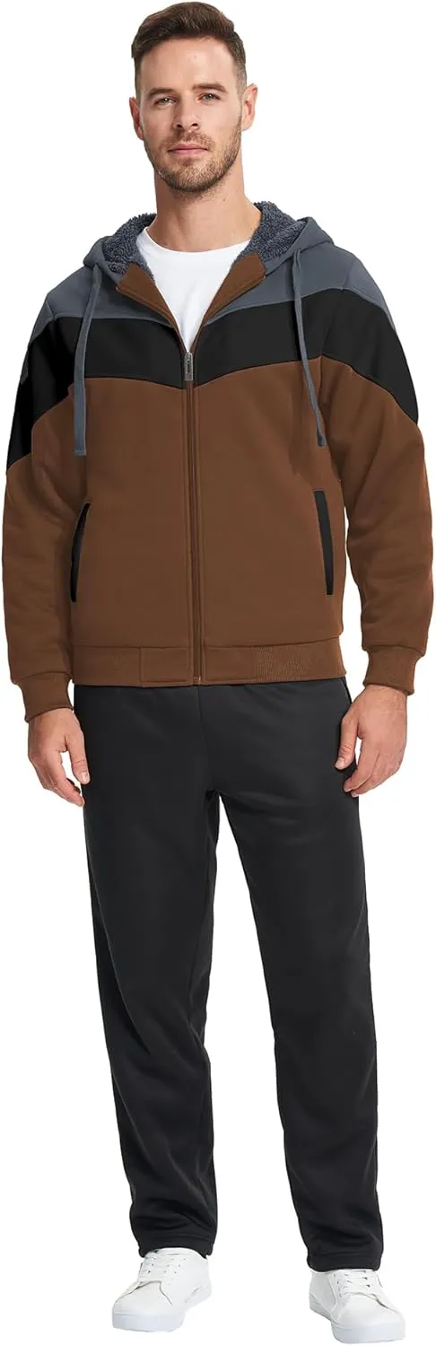 GEEK LIGHTING Mens Fleece Hoodies Zip Up Color Block Thick Winter Hooded Sweatshirt