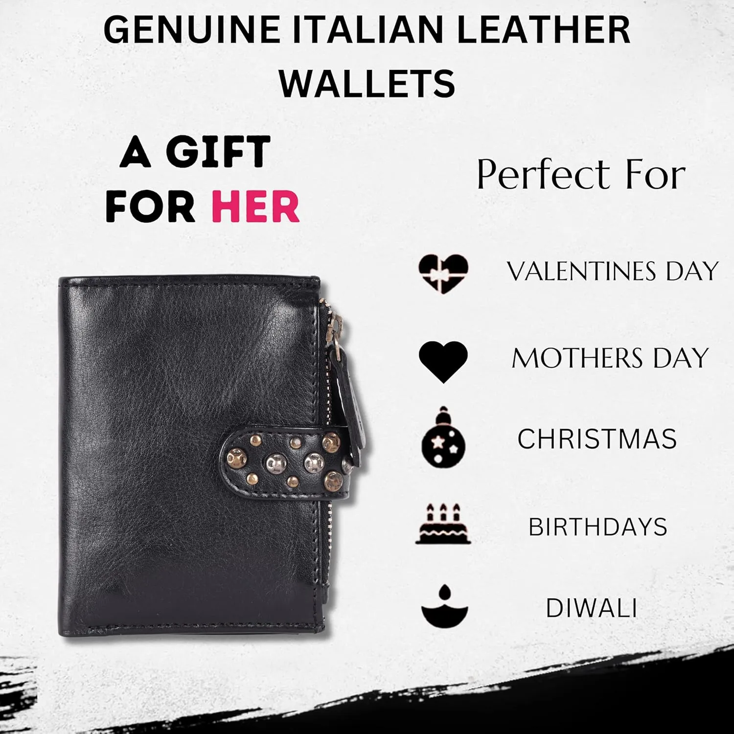 Genuine Italian Leather Boho Studded Bifold Wallet  Zipper Coin Purse & Credit Card Holder for Women (Black)