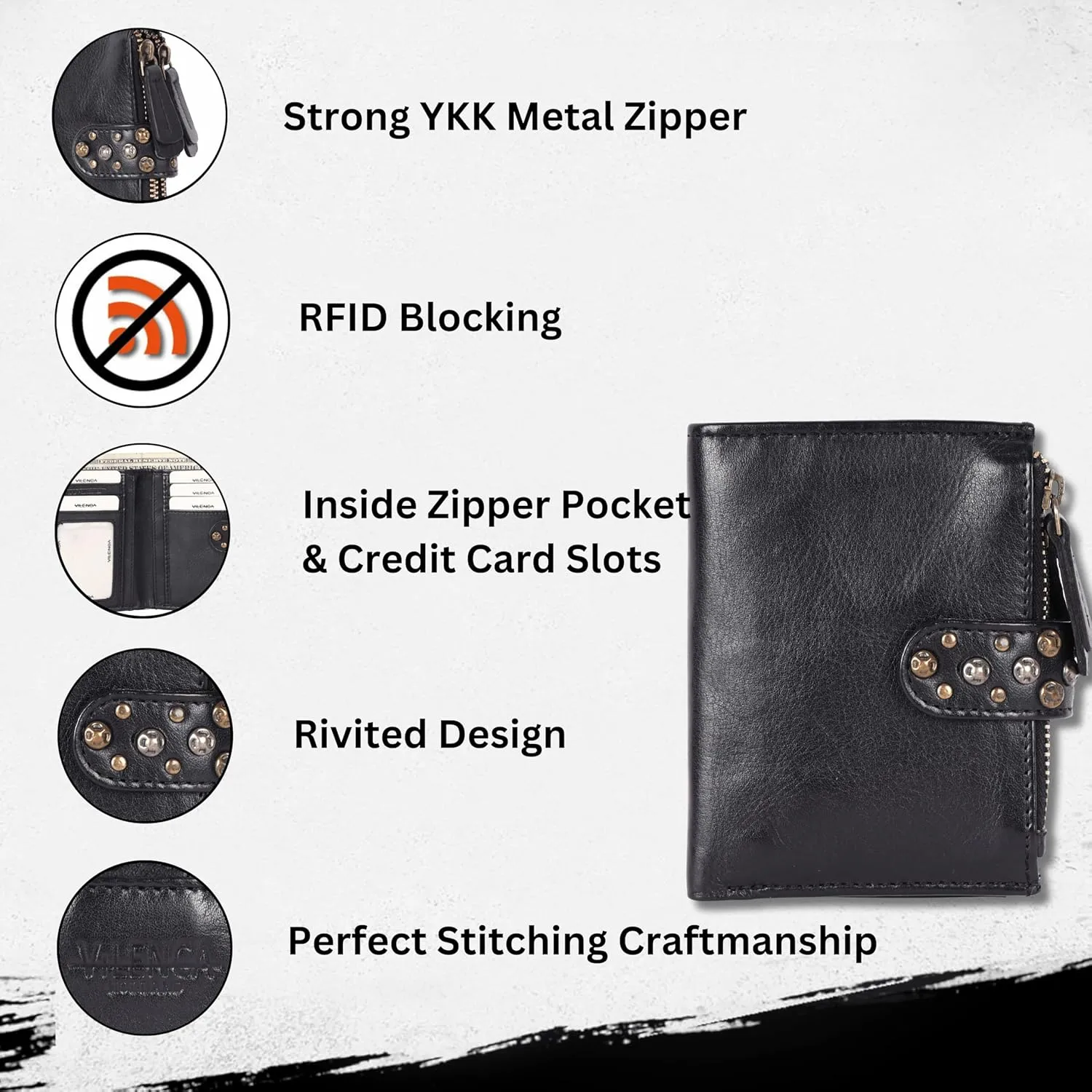 Genuine Italian Leather Boho Studded Bifold Wallet  Zipper Coin Purse & Credit Card Holder for Women (Black)