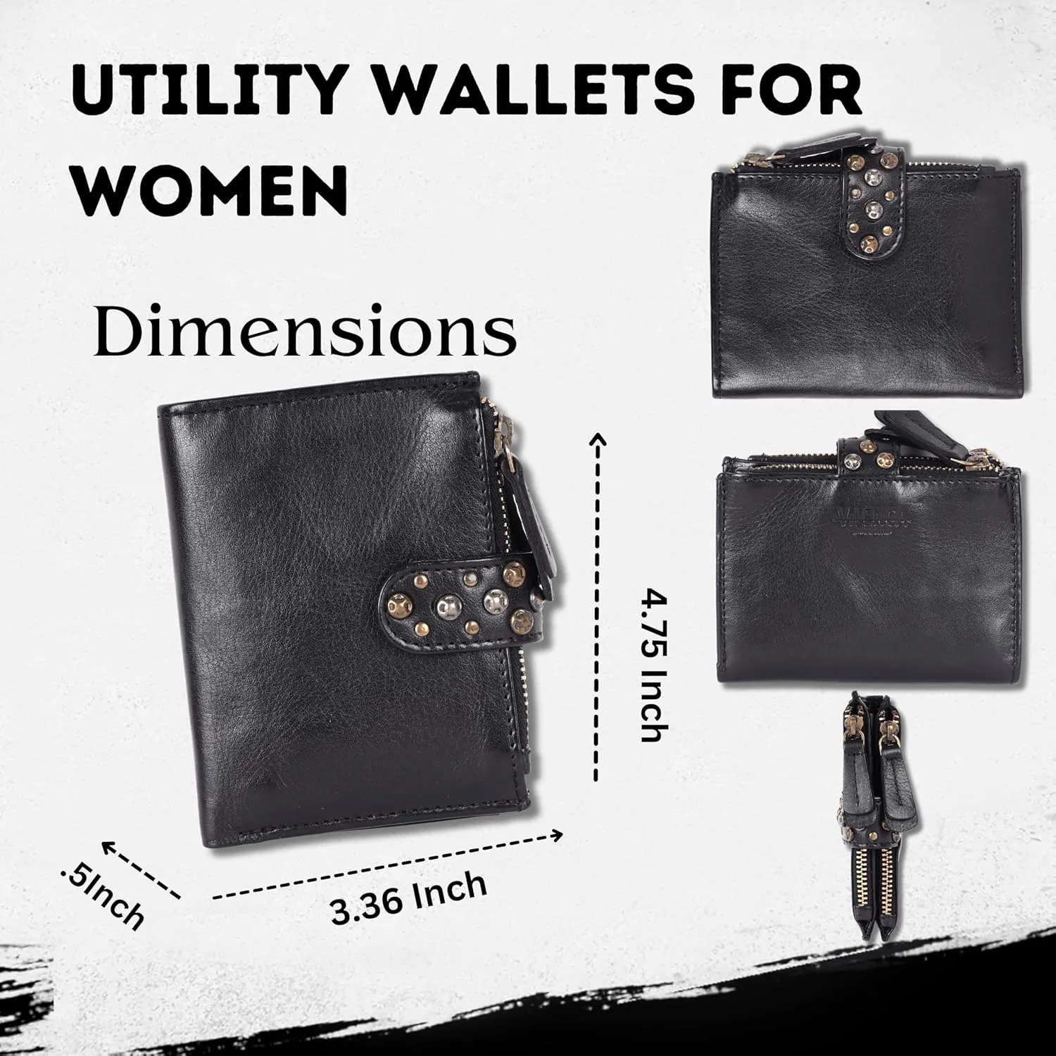 Genuine Italian Leather Boho Studded Bifold Wallet  Zipper Coin Purse & Credit Card Holder for Women (Black)