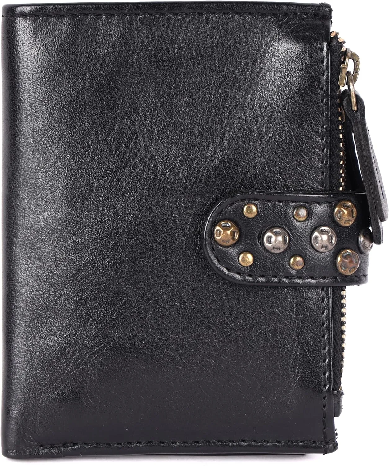 Genuine Italian Leather Boho Studded Bifold Wallet  Zipper Coin Purse & Credit Card Holder for Women (Black)