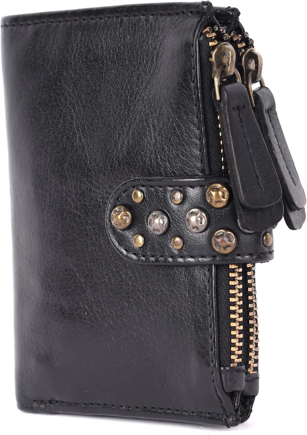 Genuine Italian Leather Boho Studded Bifold Wallet  Zipper Coin Purse & Credit Card Holder for Women (Black)