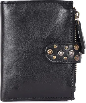 Genuine Italian Leather Boho Studded Bifold Wallet  Zipper Coin Purse & Credit Card Holder for Women (Black)