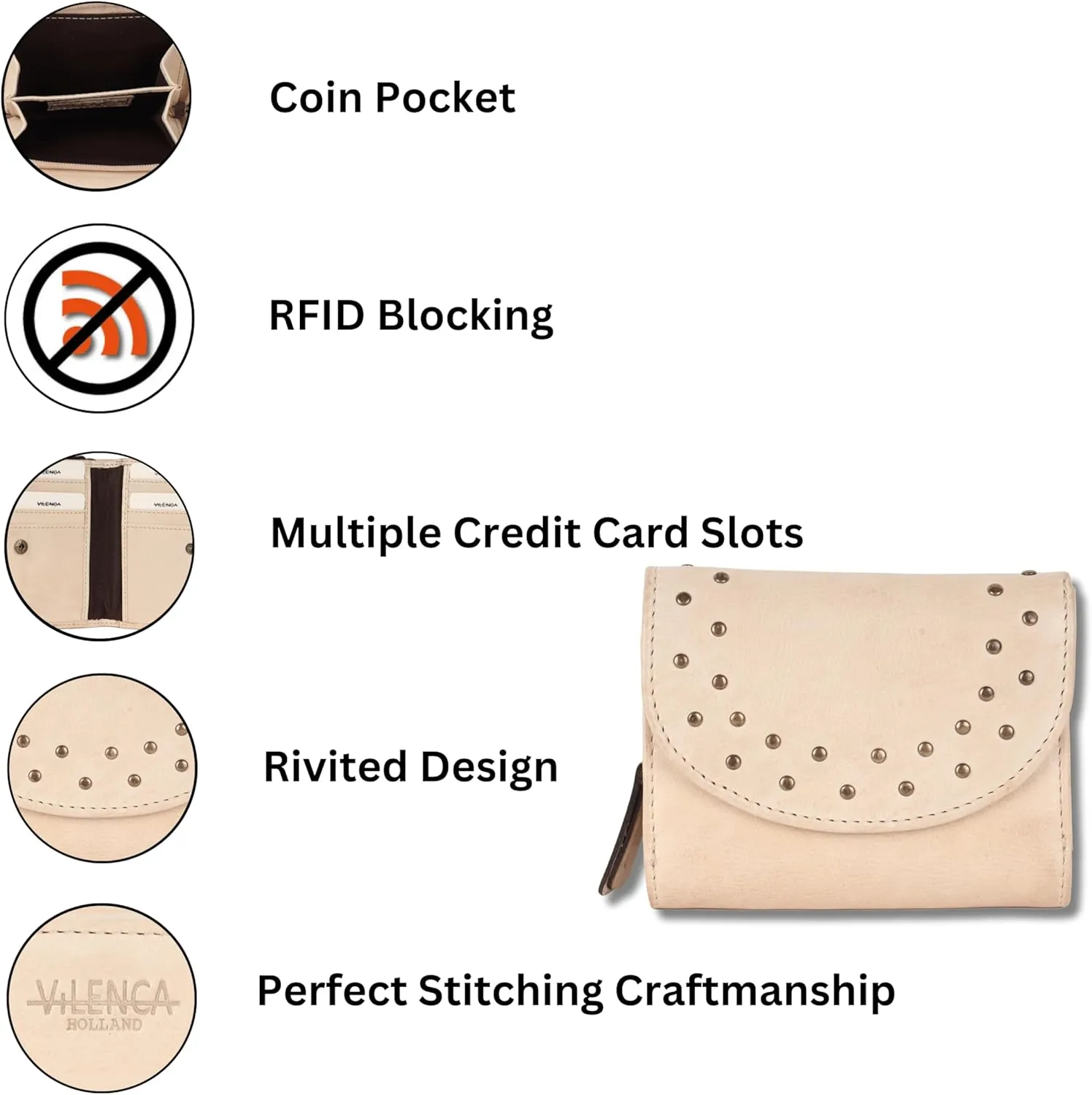 Genuine Italian Leather Boho Studded Trifold Double Flap Closure Wallet  Zipper Coin Purse & Credit Card Holder for Women (Beige)