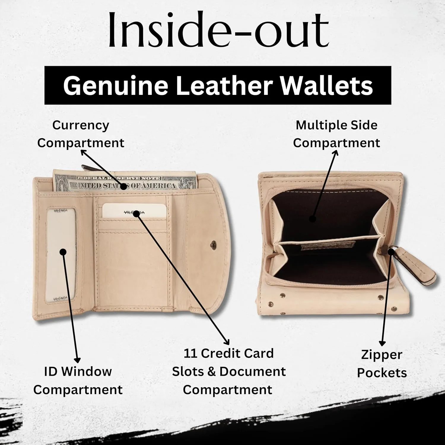Genuine Italian Leather Boho Studded Trifold Double Flap Closure Wallet  Zipper Coin Purse & Credit Card Holder for Women (Beige)