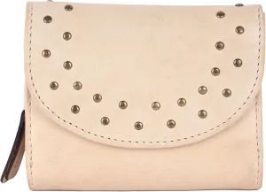Genuine Italian Leather Boho Studded Trifold Double Flap Closure Wallet  Zipper Coin Purse & Credit Card Holder for Women (Beige)