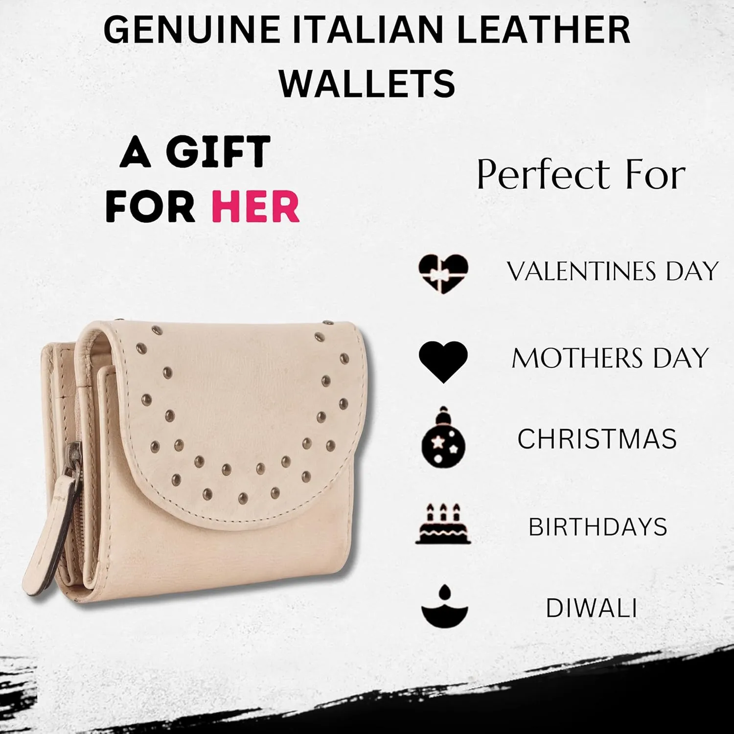 Genuine Italian Leather Boho Studded Trifold Double Flap Closure Wallet  Zipper Coin Purse & Credit Card Holder for Women (Beige)