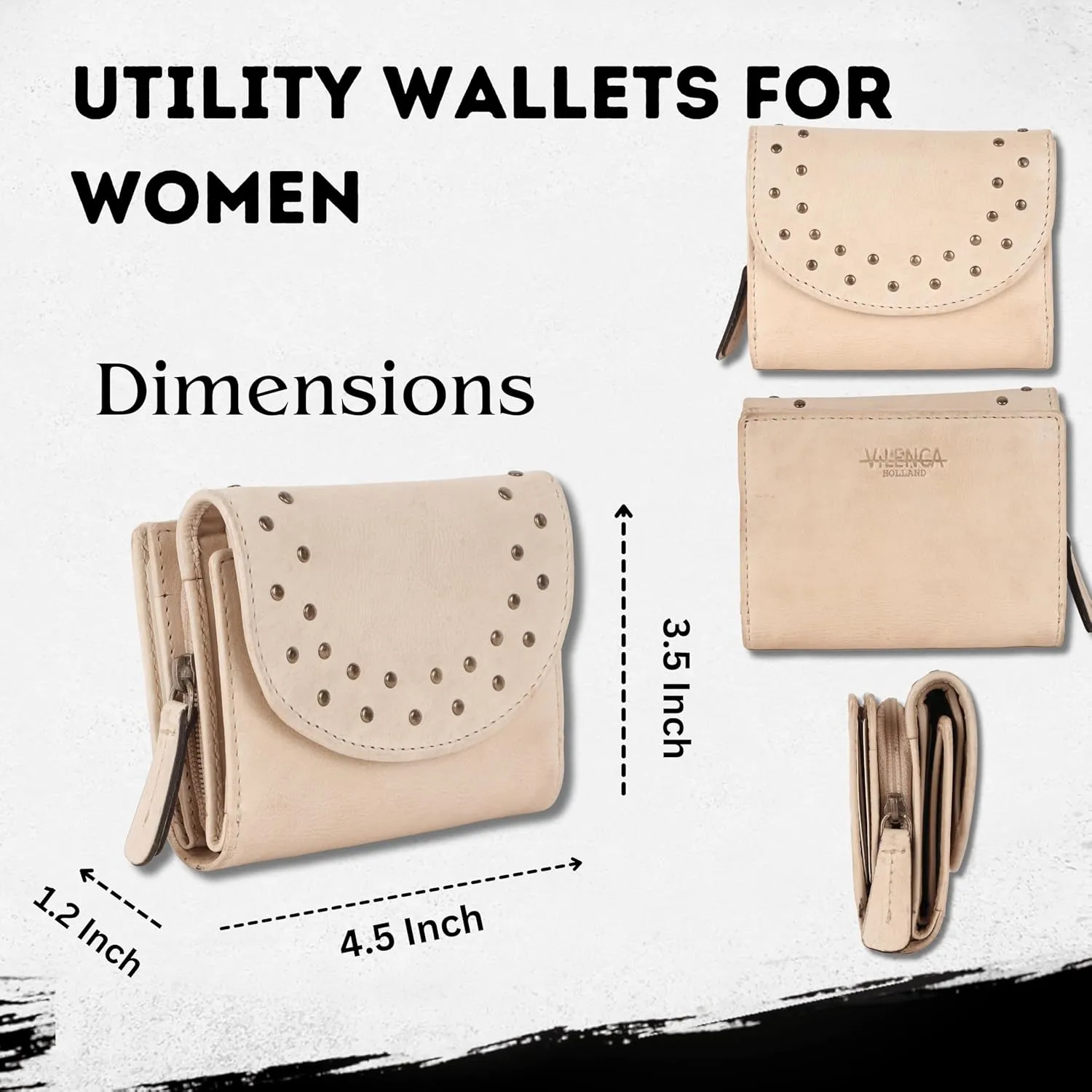 Genuine Italian Leather Boho Studded Trifold Double Flap Closure Wallet  Zipper Coin Purse & Credit Card Holder for Women (Beige)