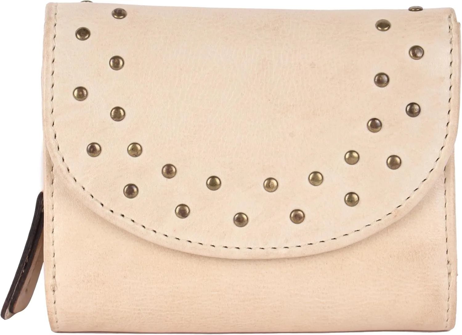 Genuine Italian Leather Boho Studded Trifold Double Flap Closure Wallet  Zipper Coin Purse & Credit Card Holder for Women (Beige)