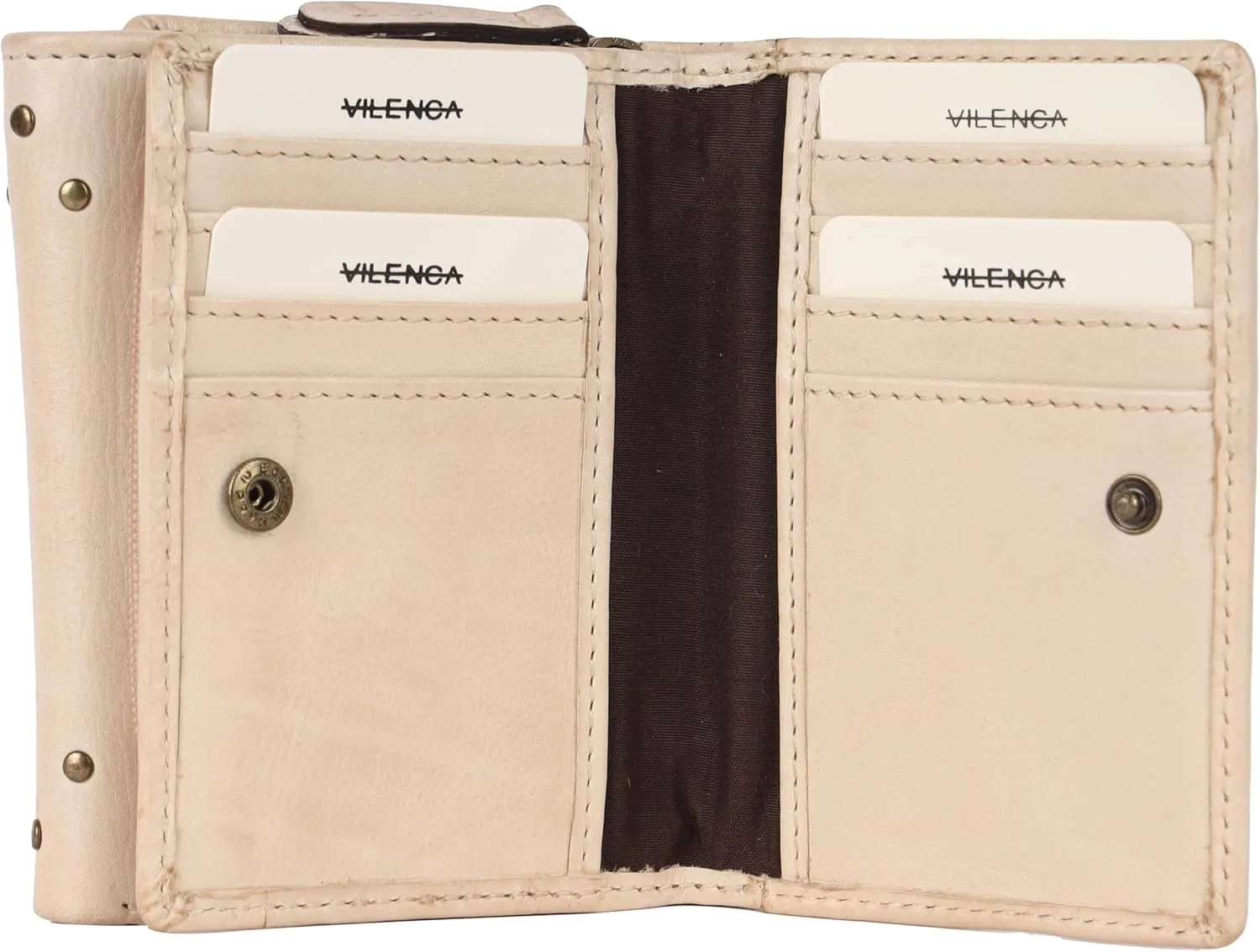 Genuine Italian Leather Boho Studded Trifold Double Flap Closure Wallet  Zipper Coin Purse & Credit Card Holder for Women (Beige)