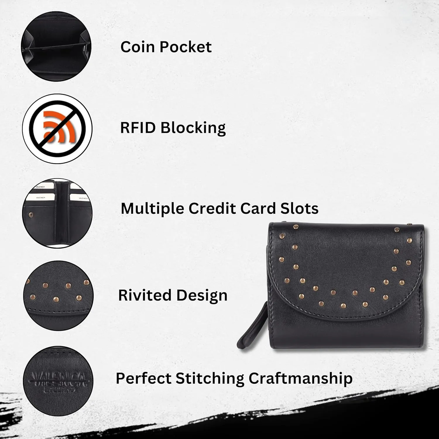 Genuine Italian Leather Boho Studded Trifold Double Flap Closure Wallet  Zipper Coin Purse & Credit Card Holder for Women (Black)