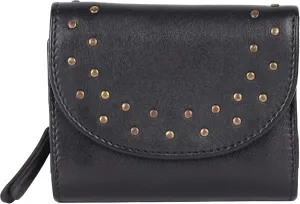 Genuine Italian Leather Boho Studded Trifold Double Flap Closure Wallet  Zipper Coin Purse & Credit Card Holder for Women (Black)