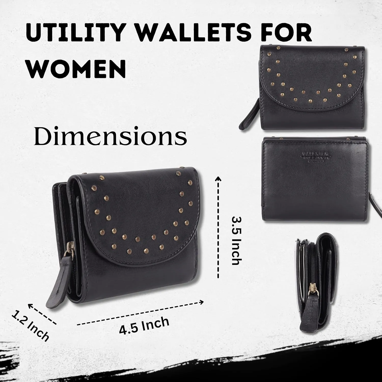 Genuine Italian Leather Boho Studded Trifold Double Flap Closure Wallet  Zipper Coin Purse & Credit Card Holder for Women (Black)