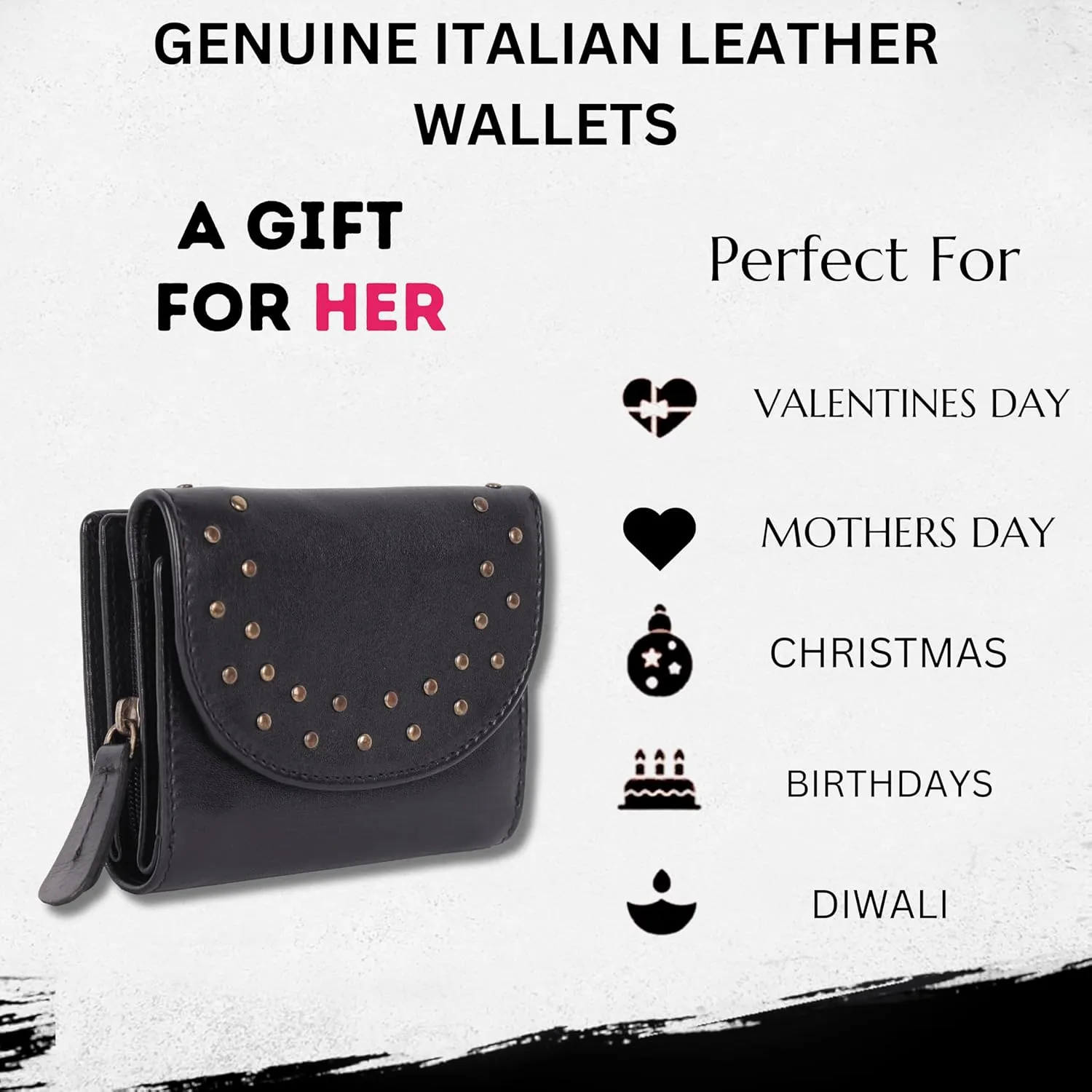 Genuine Italian Leather Boho Studded Trifold Double Flap Closure Wallet  Zipper Coin Purse & Credit Card Holder for Women (Black)