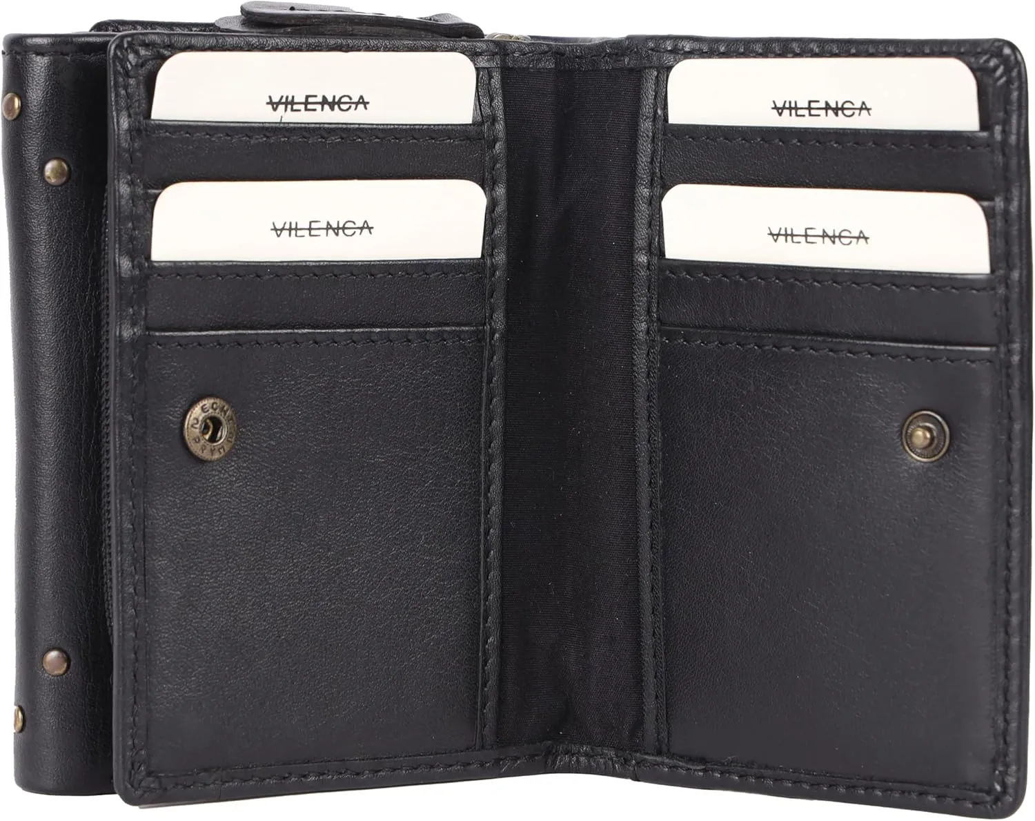 Genuine Italian Leather Boho Studded Trifold Double Flap Closure Wallet  Zipper Coin Purse & Credit Card Holder for Women (Black)